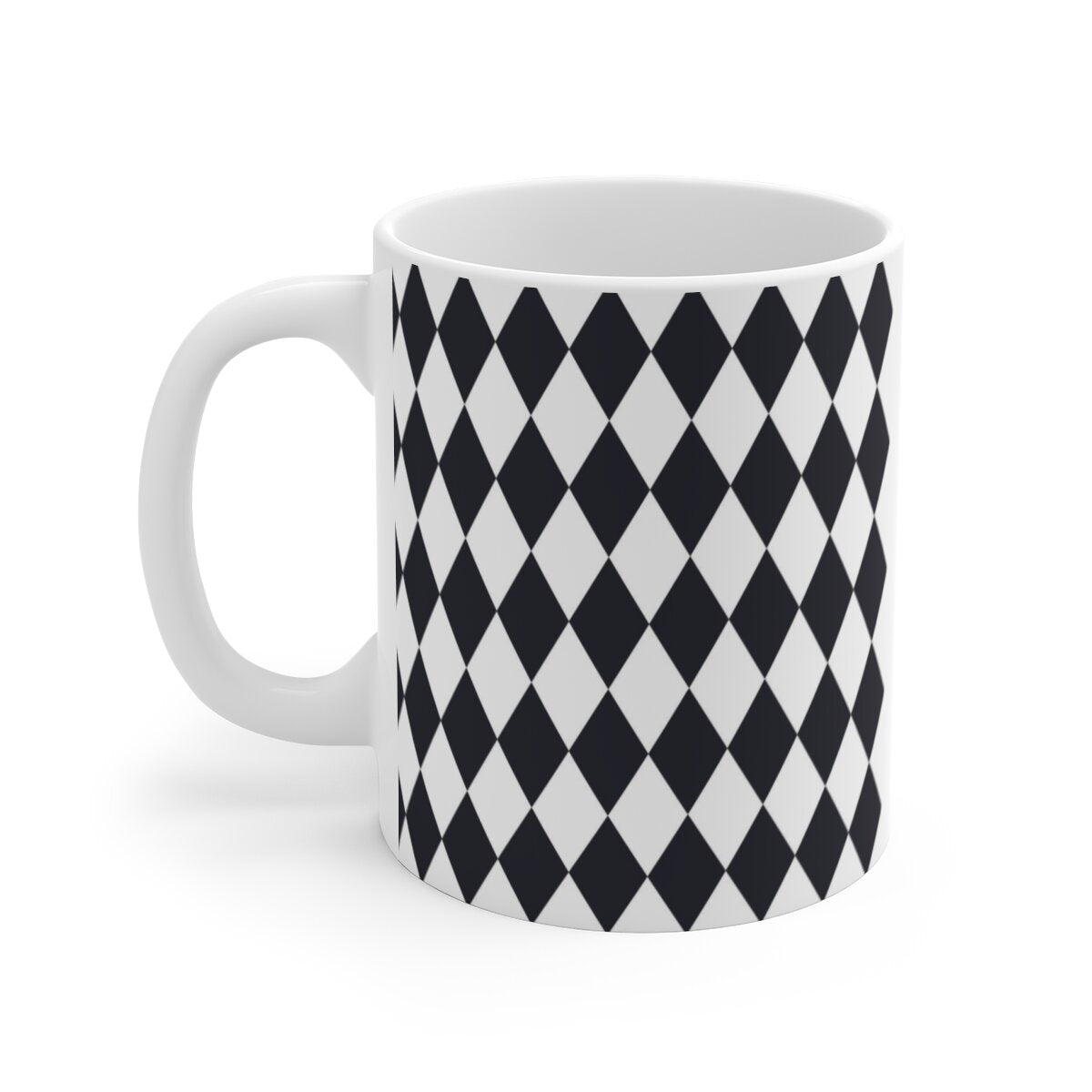 White ceramic mug with black and white diamond pattern and a sturdy handle, 11oz capacity, classic shape.