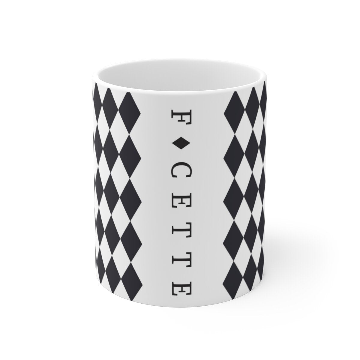 White ceramic mug with black diamond pattern and vertical FACETTE logo on a plain white background
